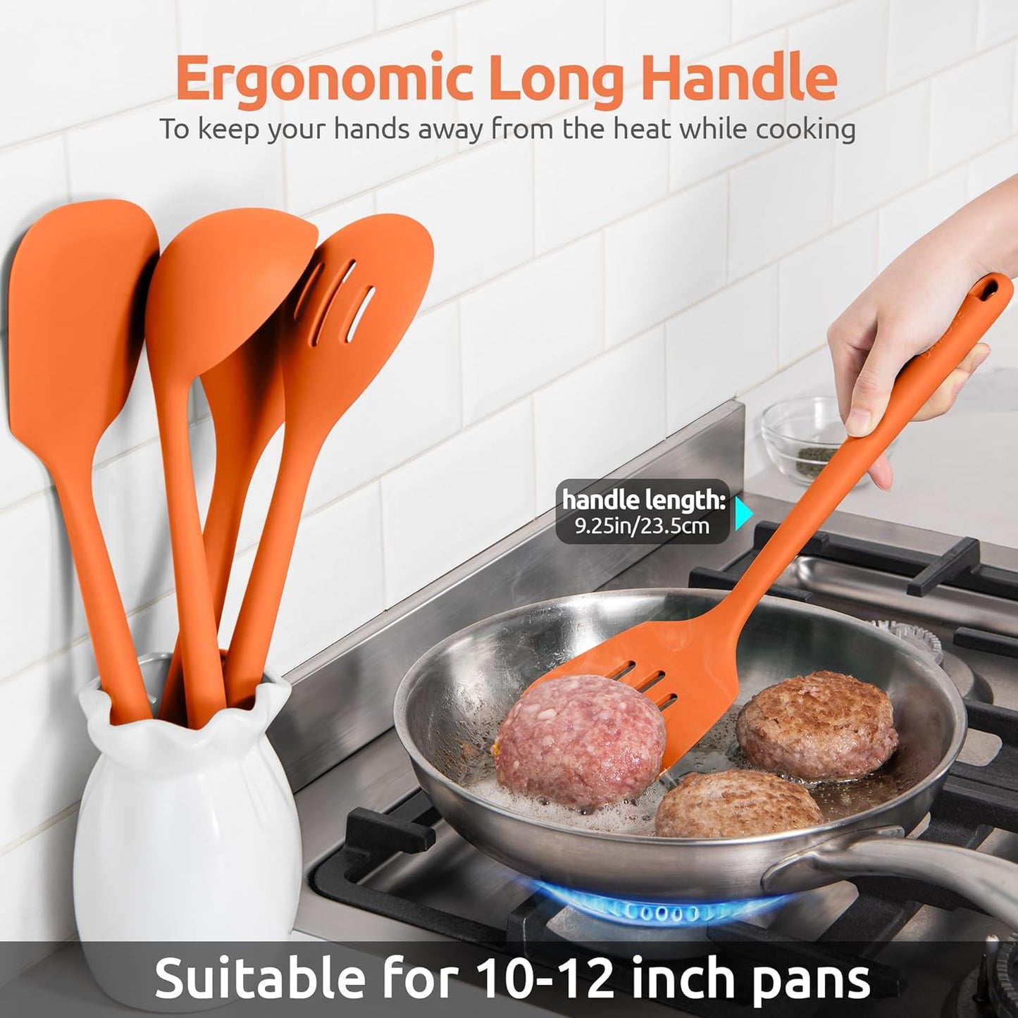 Silicone Kitchen Cooking Utensil Set: U-Taste 600ºF Heat Resistant 13.6in Extra Long Kitchen Tools, Food-Grade Non-Stick Spatula Turner Spoon Ladle for Stir Frying, Serving, Mixing (5 Pieces, Orange)