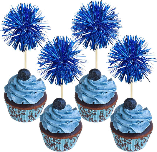 Gyufise 30Pcs Foil Firework Cupcake Toppers Sparkle Tinsel Cake Toppers Tinsel Drink Cake Decoration Cocktail Picks for Birthday Wedding Graduation Party Supplies Dark Blue