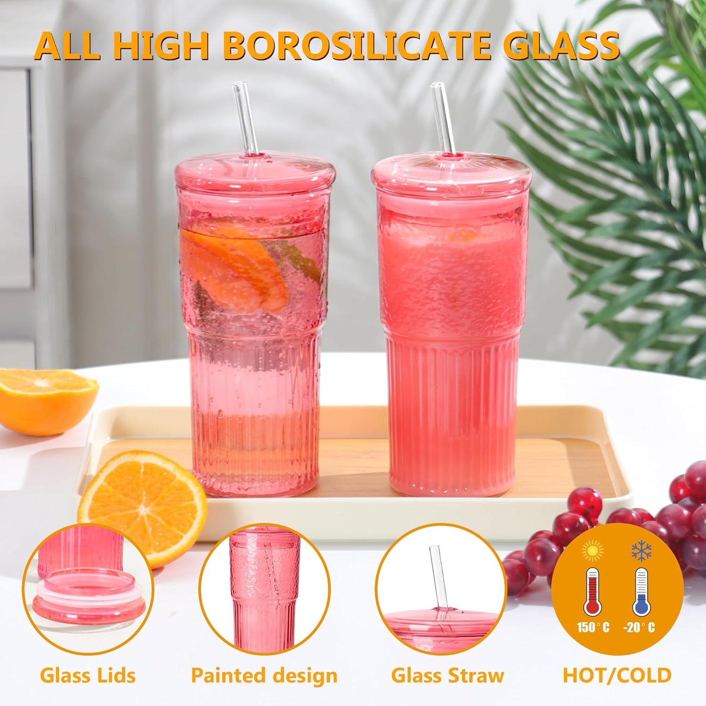 20 OZ Glass Cup with Lids and Glass Straws, High Borosilicate Iced Coffee Glass Tumblers with Lid and Straw for Drinks, 2pcs Reusable Wide Mouth Smoothie Cup(Red)