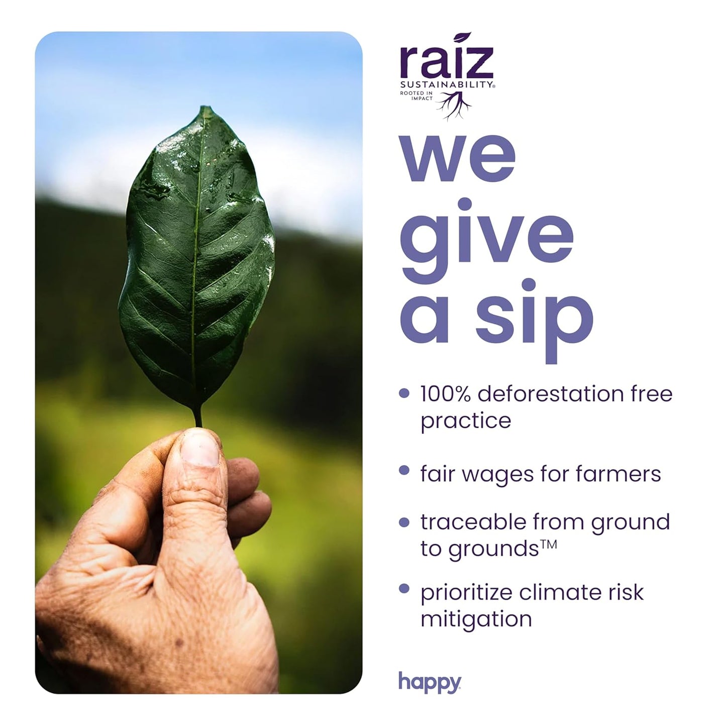 happy coffee dark roast coffee pods, 22 count, notes of cocoa & contentment, compatible with most K-cup brewers, rainforest alliance certified