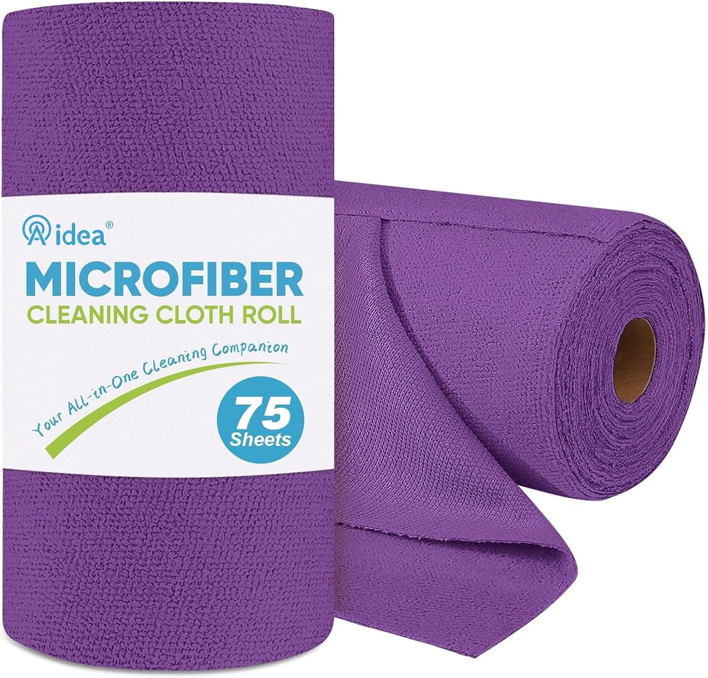 AIDEA Microfiber Cleaning Cloth Roll, 75PK, Reusable Paper Towels Tear Away Cloth, Microfiber Towels for Cars, Lint Free Cleaning Rags for House, Kitchen, Window, 11.5"×11.5", Purple
