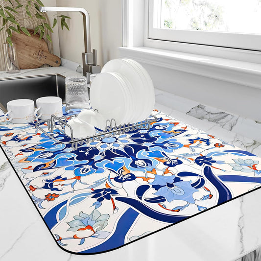 Dish Drying Mat Mandala Blue Floral Kitchen Mat 16"x24" Bsorbent Coffee Maker Mat for Dishes,Utensils Coffee Maker Pots and Pans Easy Clean Dish Slip Resistant Pad