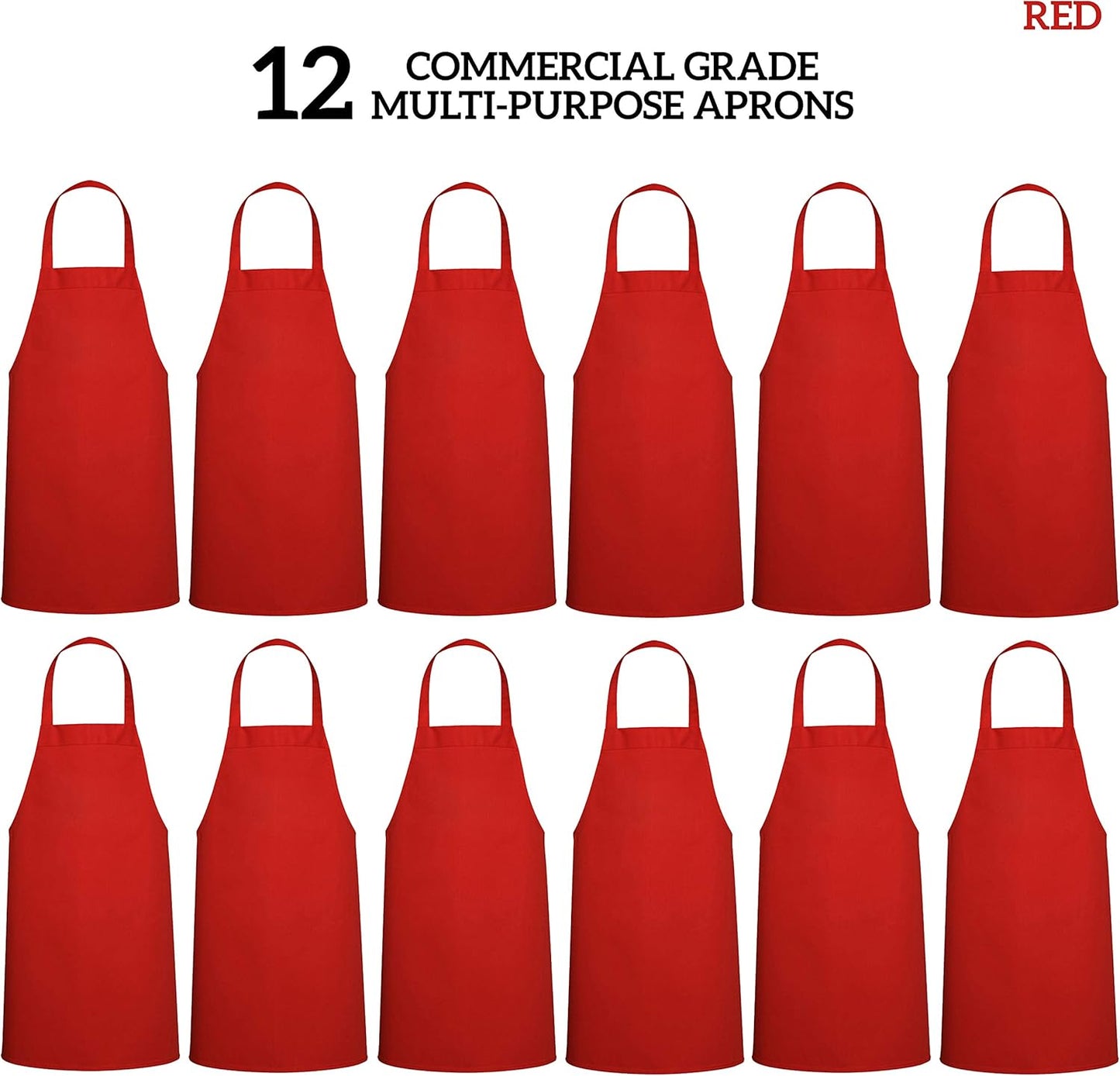 GREEN LIFESTYLE 12 Pack Bib Apron - Unisex Red Aprons, Machine Washable Aprons for Men and Women, Kitchen Cooking BBQ Aprons Bulk (Pack of 12, No Pockets, Red)