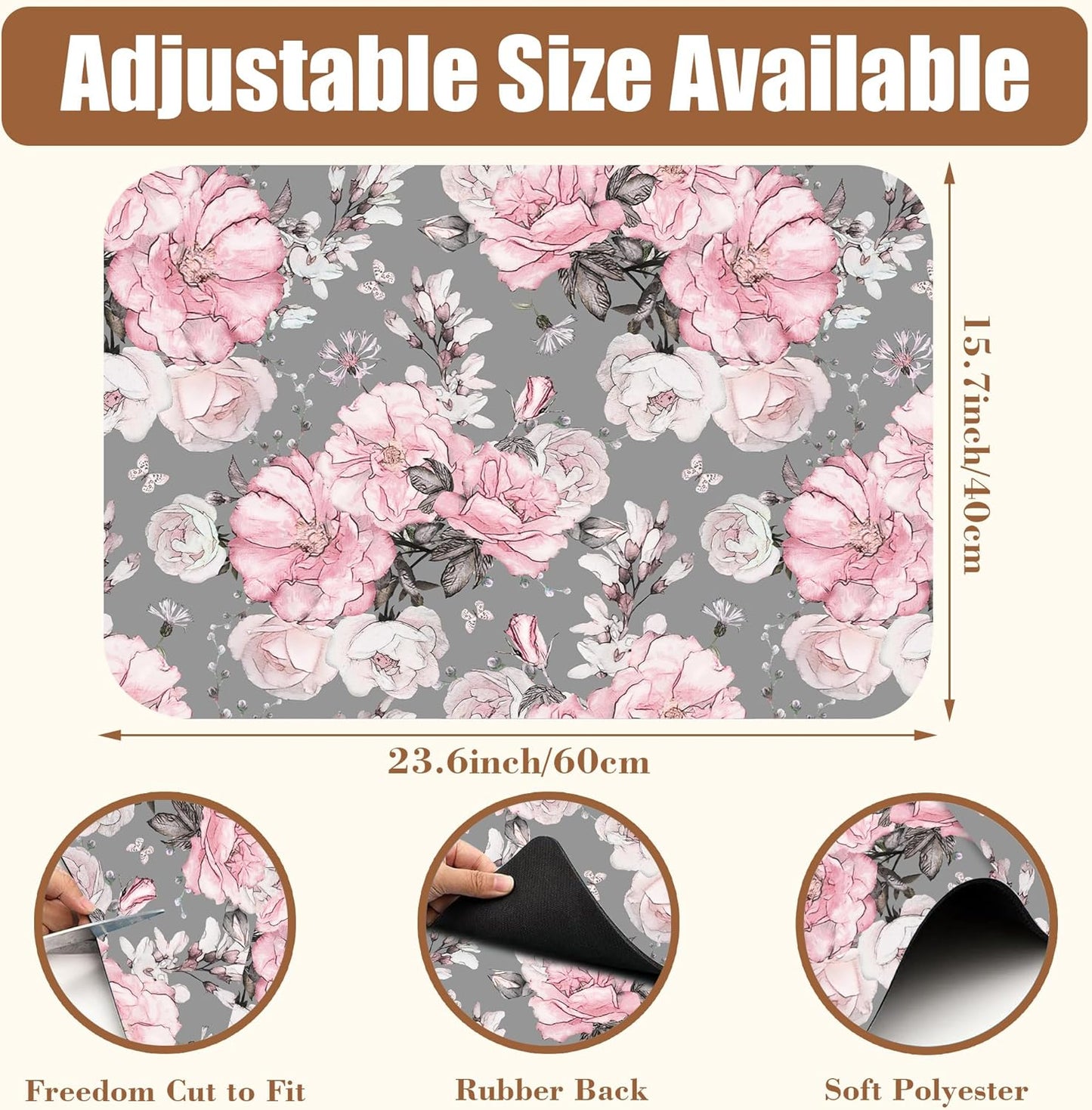 Pink Flowers and Leaves Coffee Mat Absorbent Dish Drying Mat for Kitchen Counter Hide Stain Rubber Backed Coffee Bar Accessories Fit Under Espresso Machine Dish Drainer, 15.7 x 23.6 Inch