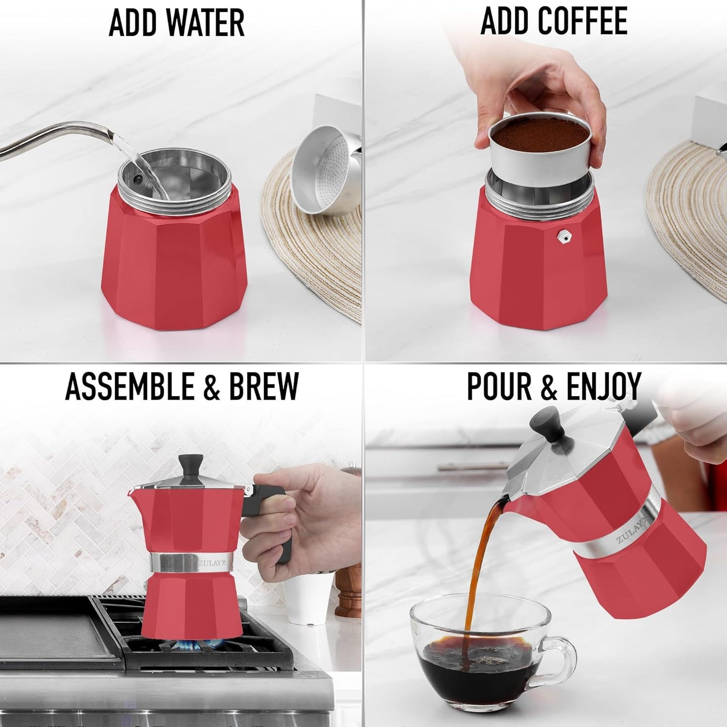 Zulay Moka Pot Espresso Stovetop Coffee Maker - Leak-Proof, Stainless Steel, Easy to Clean, Heat Resistant Handle & Knob - for Authentic Cuban & Italian Style Espresso - Makes 3 Espresso Cups - Red