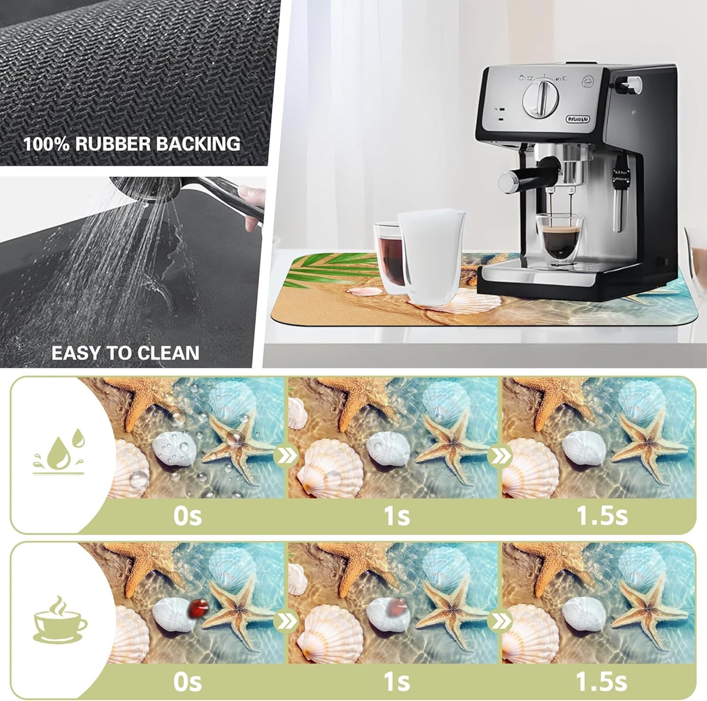 Dish Drying Mat Summer Beach Starfish Seashell Kitchen Mat 12"x19" Bsorbent Coffee Maker Mat for Dishes,Utensils Coffee Maker Pots and Pans Easy Clean Dish Slip Resistant Pad