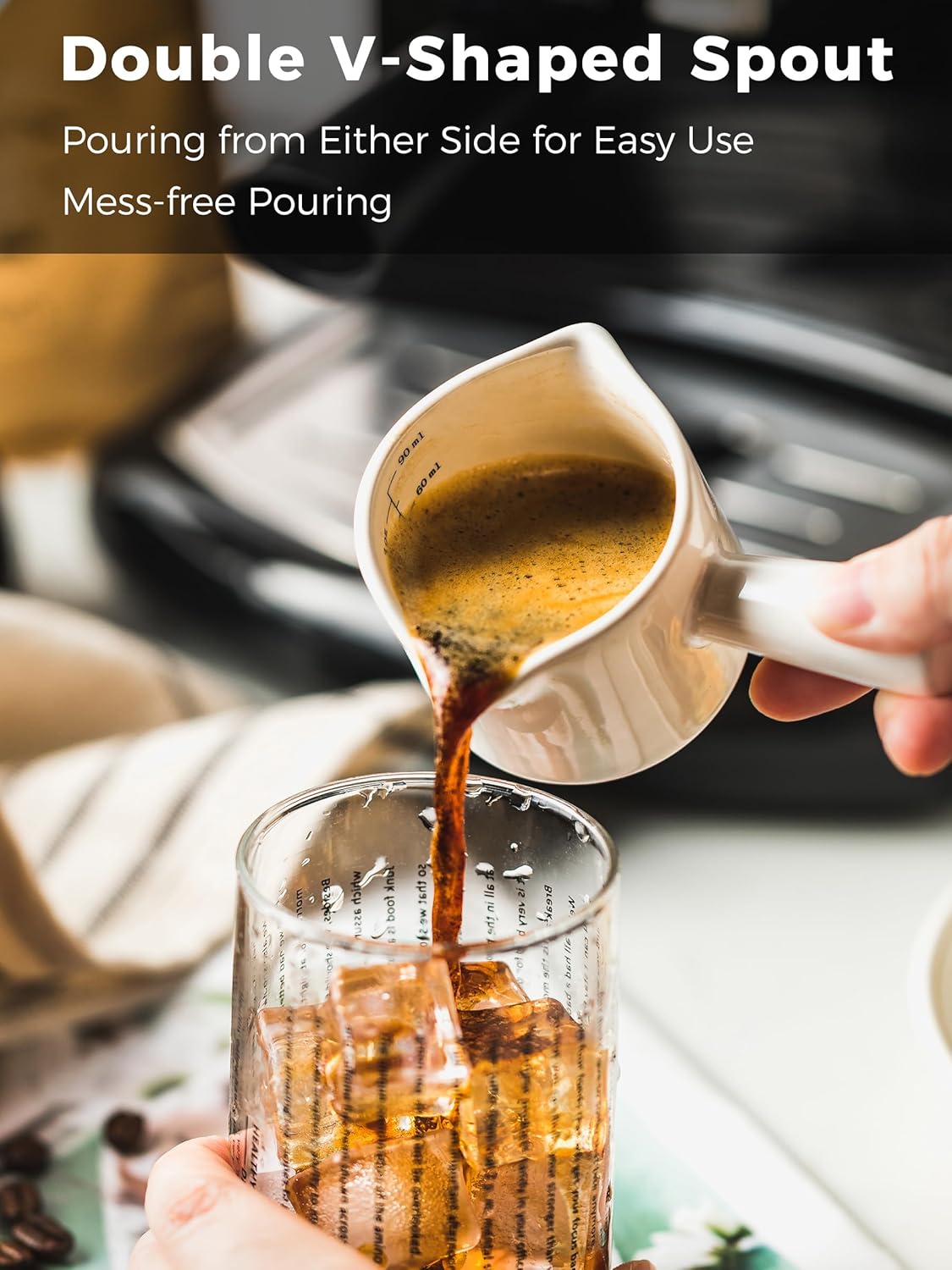 Espresso Measuring Cup, Ceramic Espresso Cup Double Spouts Expresso Shots Cup with Handle, Espresso Accessories, 3 Oz/ 90 Ml, White