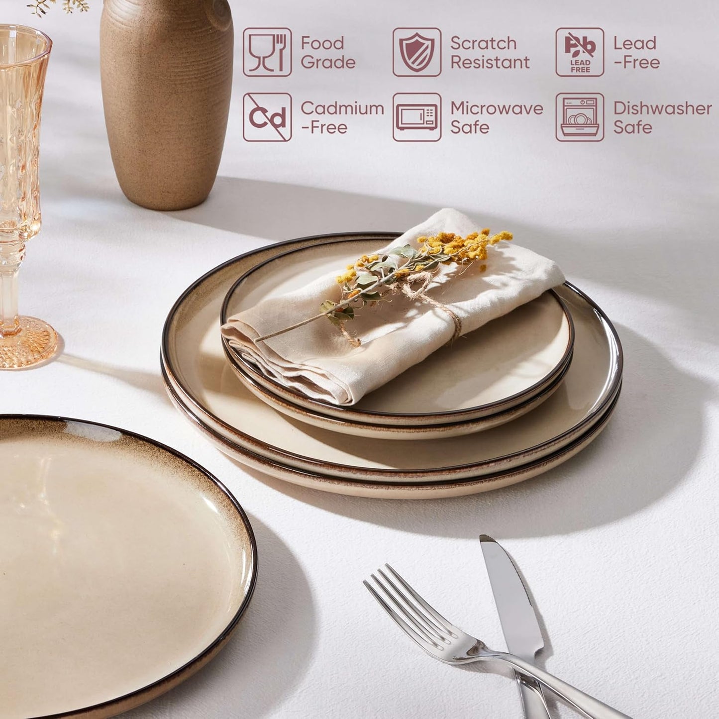 Herogo Ceramic 10.43 Inch Dinner Plates Set of 6, Stoneware Dinnerware Plate Set, Double Reactive Glaze Large Dinnerware Plates for Kitchen, Microwave, Oven & Dishwasher Safe, Cream Khaki