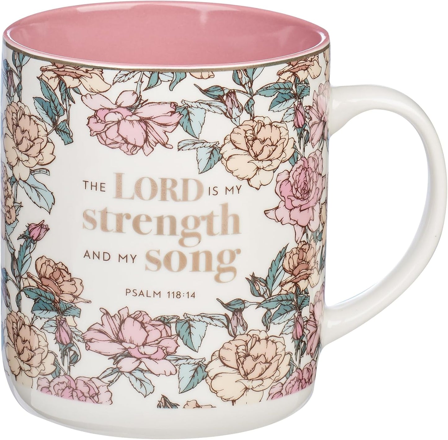 Christian Art Gifts Pink Floral Ceramic Coffee Mug – 14 oz. Lead and Cadmium-free Non-toxic Inspirational Scripture Coffee and Tea Mug for Women with Bible Verse: My Strength and My Song –Psalm 118:14
