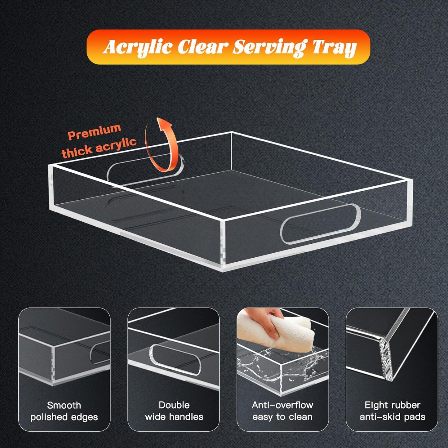 17 * 17 Acrylic Organizer Tray Large, Serving Tray with Handle, Lucite Tray Organizer for Bench, Coffee Table Countertop, Kitchen, Bathroom, Living Room, Powder Room