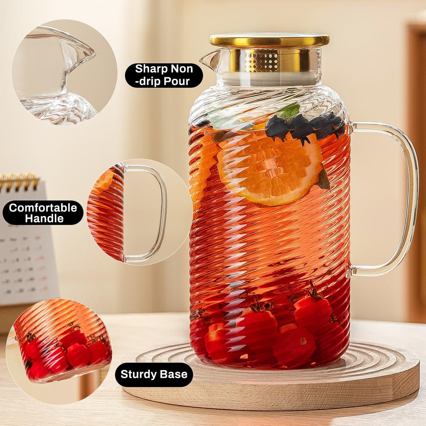 2 PACK Glass Pitcher with Lid, 68 oz/ 2 Liter Spiral Pattern Water Pitcher,Glass Water Carafe for Cold Brew, Coffee, Lemonade, Iced Sun Tea,Beverage, Milk, Heat Resistant