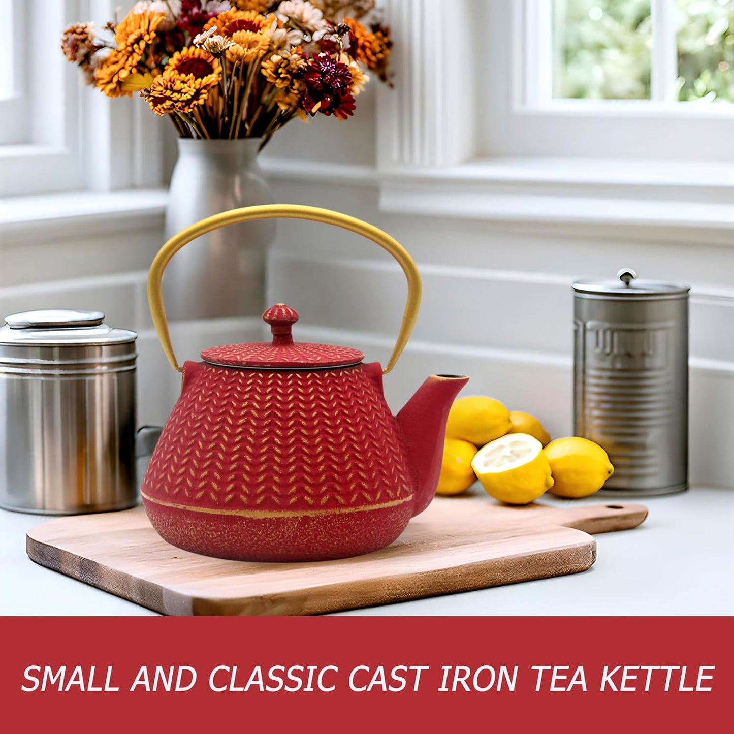 Small Cast Iron Tea Kettle for Stovetop Safe, Red Tea Pot Coated with Enameled Interior, Durable Teapot with Stainless Steel Infuser for Loose Leaf (1000ml/34oz)
