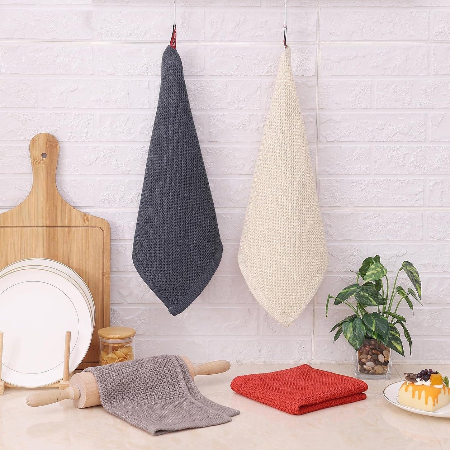 Kitinjoy 100% Cotton Kitchen Dish Cloths, 8 Pack Waffle Weave Ultra Soft Absorbent Dish Towels for Drying Dishes, Quick Drying Dish Rags, 12 X 12 Inch, Multicolor