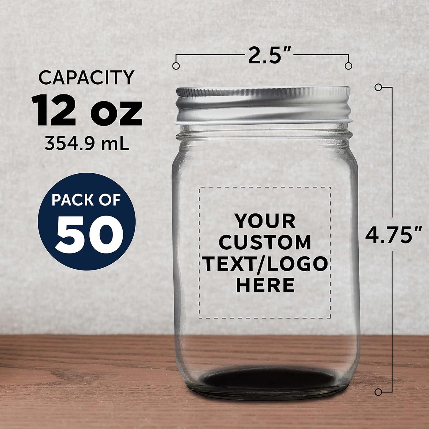 DISCOUNT PROMOS 50 Decorating Mason Jars Set, 12 oz. - Customizable Text, Logo - Canning, Aluminum Lid - Black
