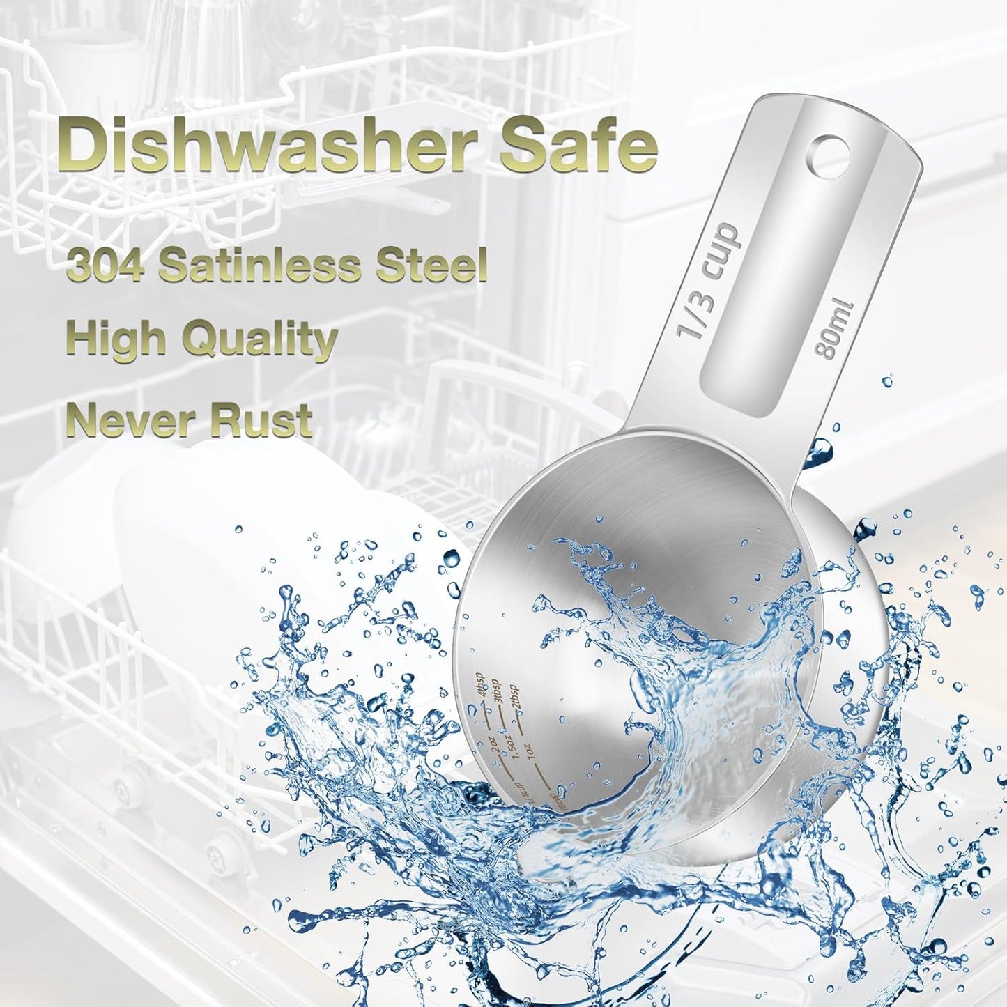 1PCS 1/3Cup (80ml, 2.6oz) Single Measuring Cup, Etched Inner Scale Stainless Steel Measure Scoop, Metric and US Measurement, Dishwasher Safe