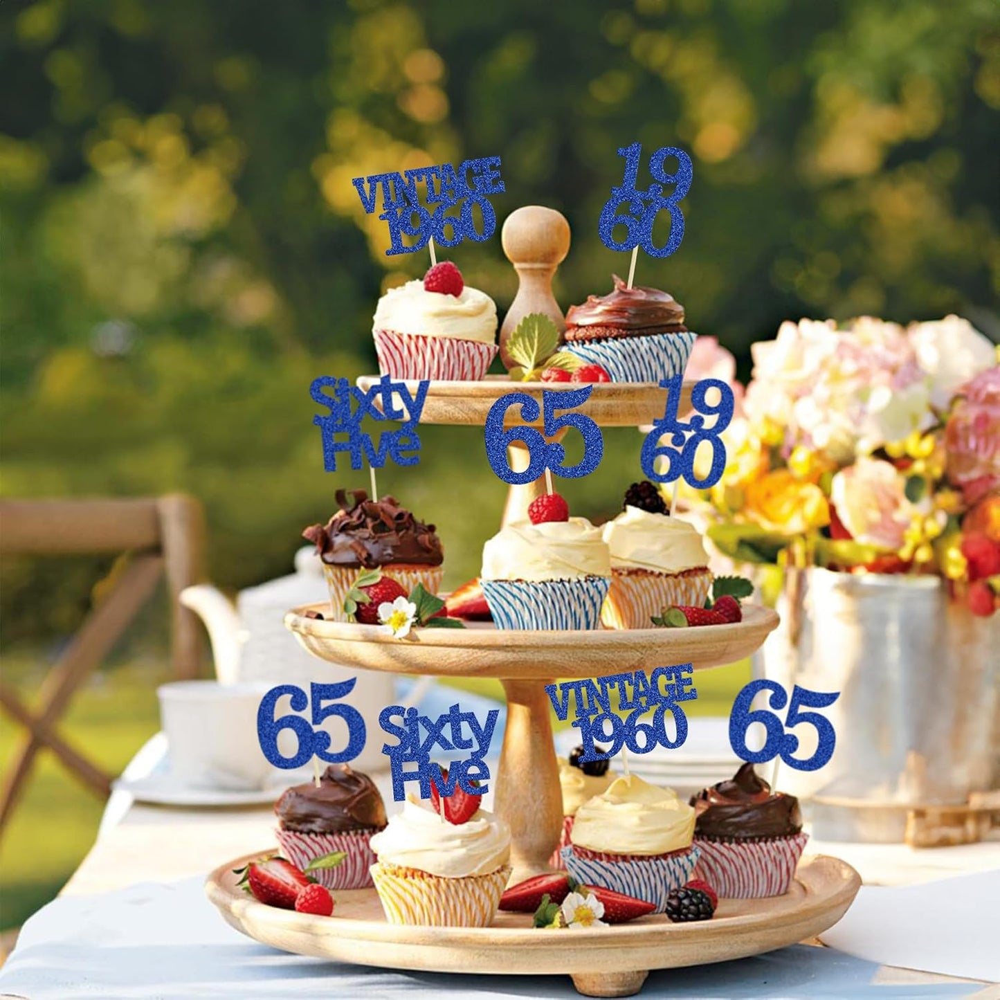 Gyufise 24Pcs Vintage 1960 Cupcake Toppers Glitter Cheers to 65 Fabulous Sixty Five Cupcake Picks 65th Birthday Wedding Anniversary Party Cake Decorations Supplies Deep Blue
