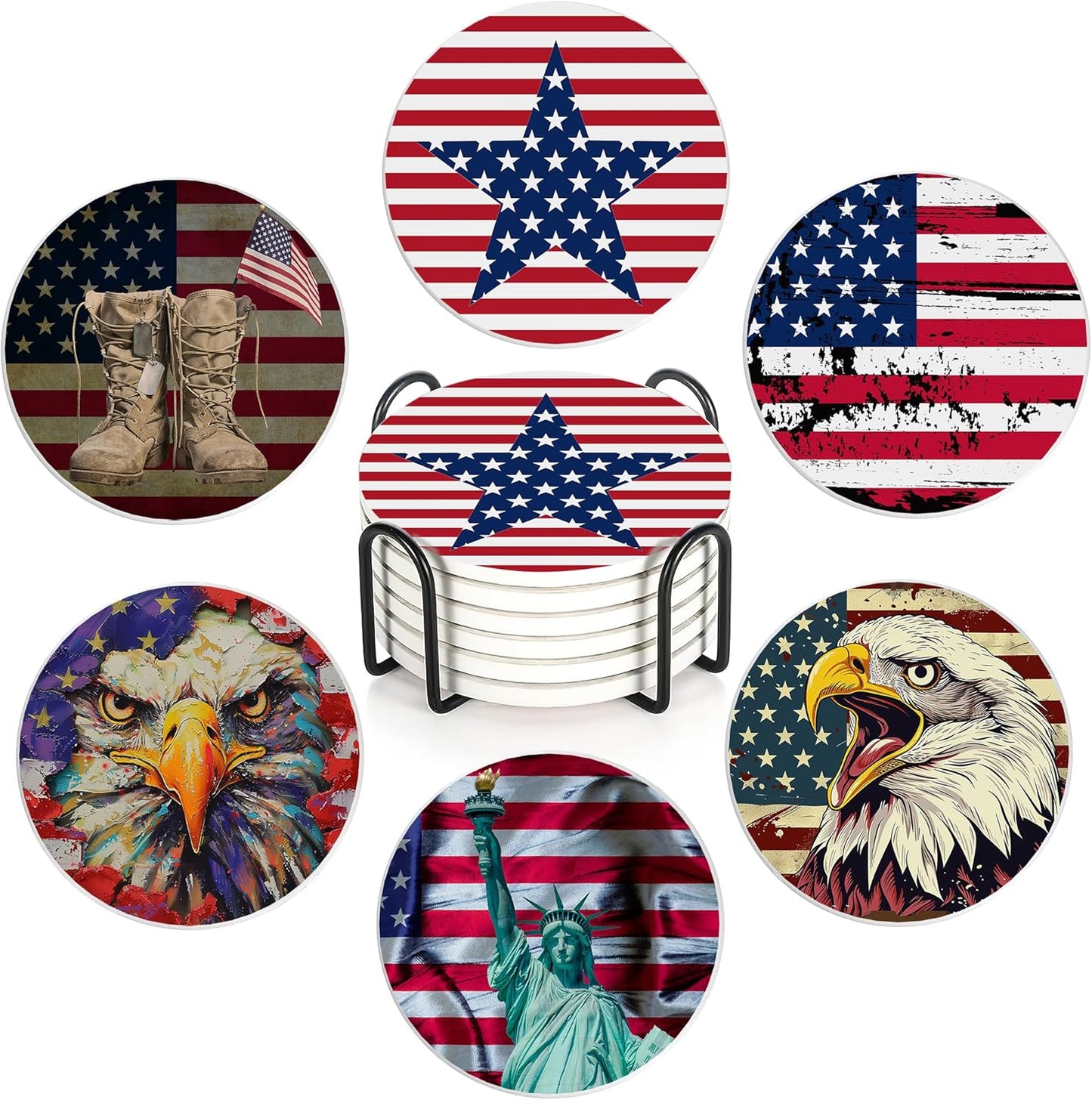Drink Coasters Set of 6 with Holder, American Flag Eagle Absorbent Ceramic Drink Coaster for Tabletop Protection,Suitable for Kinds of Cups,Drinks Coasters for Home Office Decoration(4 Inches)