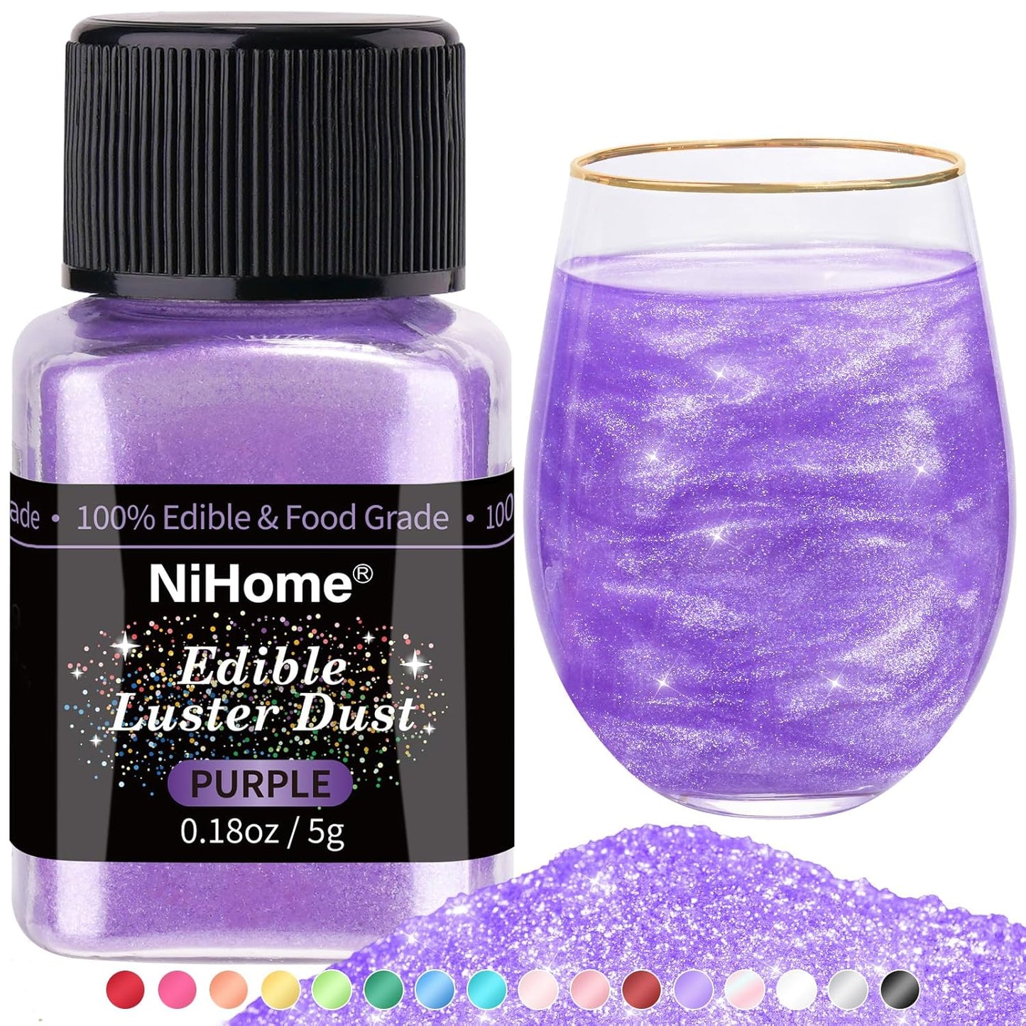 NiHome Edible Food-Grade Glimmer Powder Glitter Luster Dust Metallic Food Decorating Sprinkle Glimmery Dust for Drink Wine Beverage Cake Candy Dessert Bakery Restaurant Vegan (0.18oz/5g, Purple)