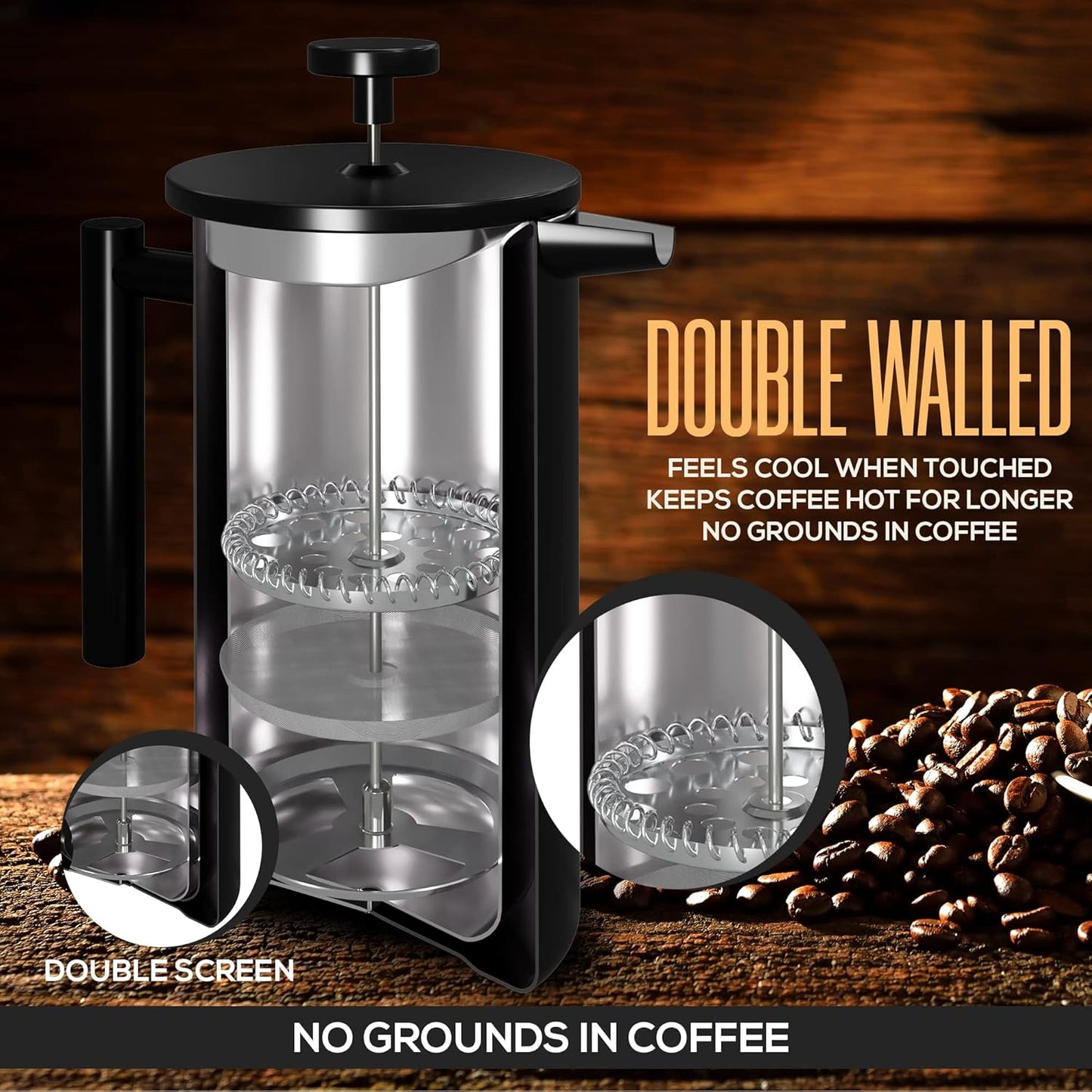 Utopia Kitchen French Press Coffee Maker, Double Wall Insulated Stainless Steel Coffee Press with 4-Level Filtration system, Includes 2 Extra Filters, Rust-Free, Dishwasher Safe (Black, 17 Ounce)