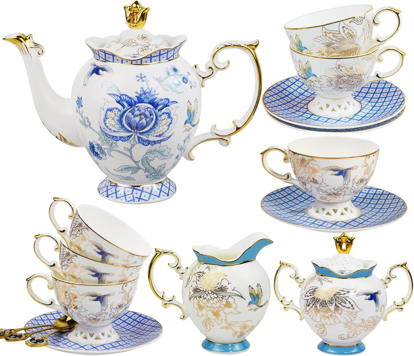 ACMLIFE Tea Set for Adults- Fine China Tea Set for 6, 21-Piece Vintage Coffee Set English Porcelain Tea Pot Sets for Adult Tea Party for Women Gift (blue, Extra Large set 21)