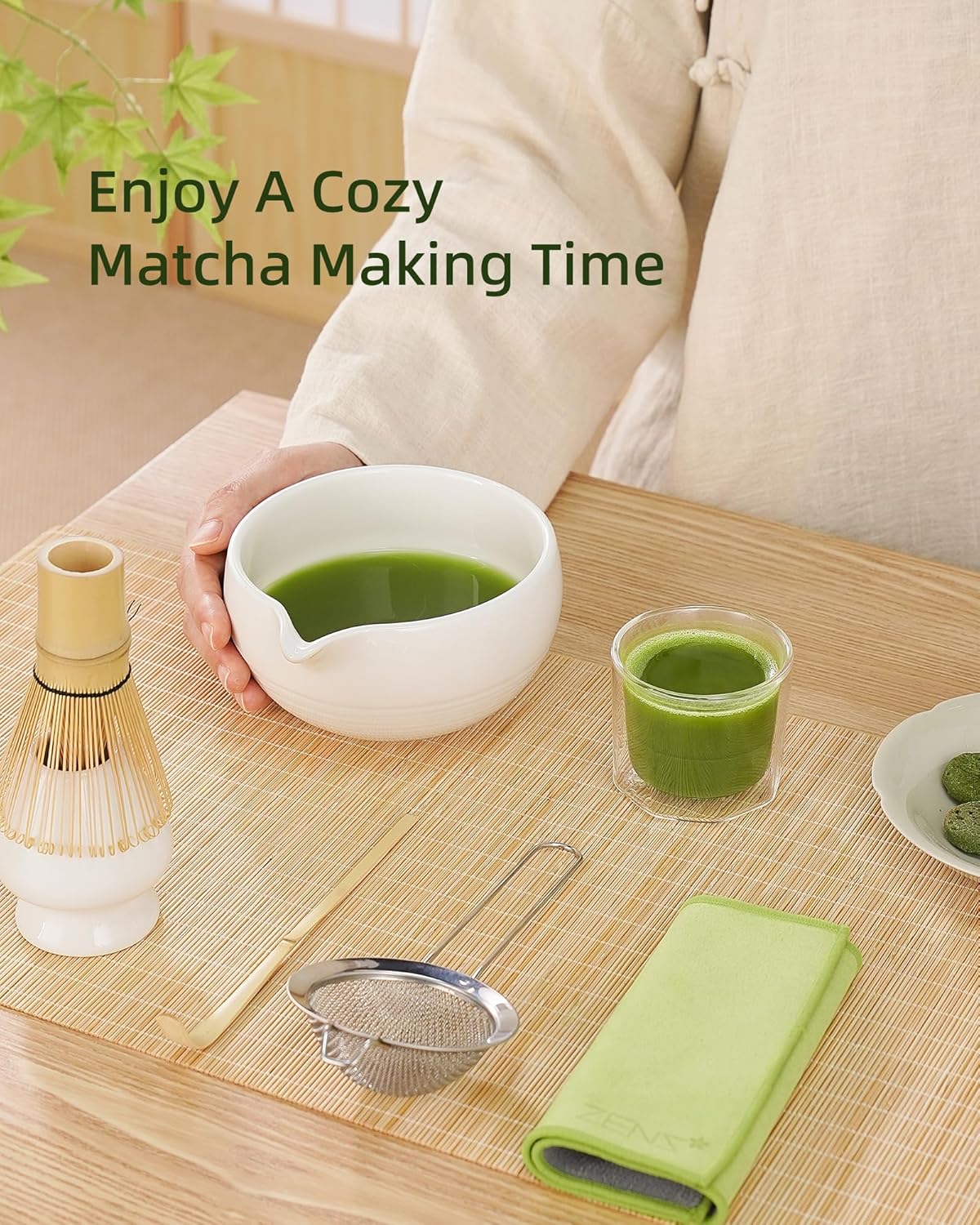 ZENS Matcha Whisk Set, 6pcs Matcha Kit Set Includes Ceramic Bowl and Bamboo Whisk & (Chasen Holder), Sifter, Scoop -Tea Towel, Japanese Chawan with Spout for Lovers, White