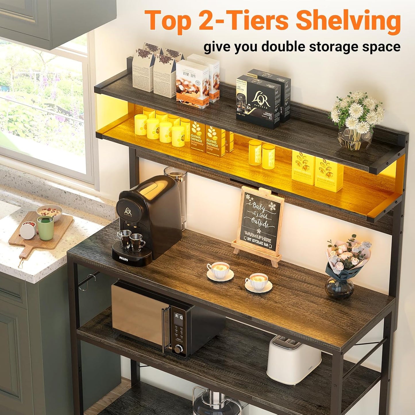 Aheaplus Bakers Rack with Power Outlet, Microwave Stand, 5 Tiers Coffee Bar Station with Led Lights, Kitchen Storage Shelf with 6 S-Shaped Hooks, Kitchen Rack Coffee Bar Stand, Grey Oak