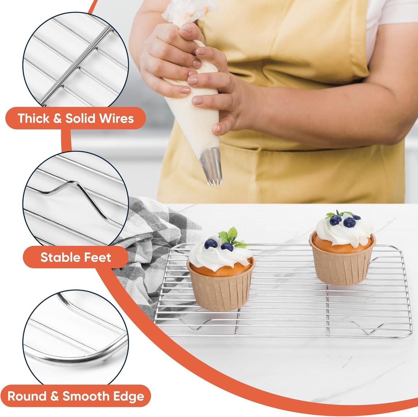 2 Pack Small Baking Cooling Racks, Homikit 9.7 * 7.5 Inch Stainless Steel Wire Rack for Cooking Roasting Grilling, Fit for Toaster Oven Pan, Non-toxic & Heavy-Duty