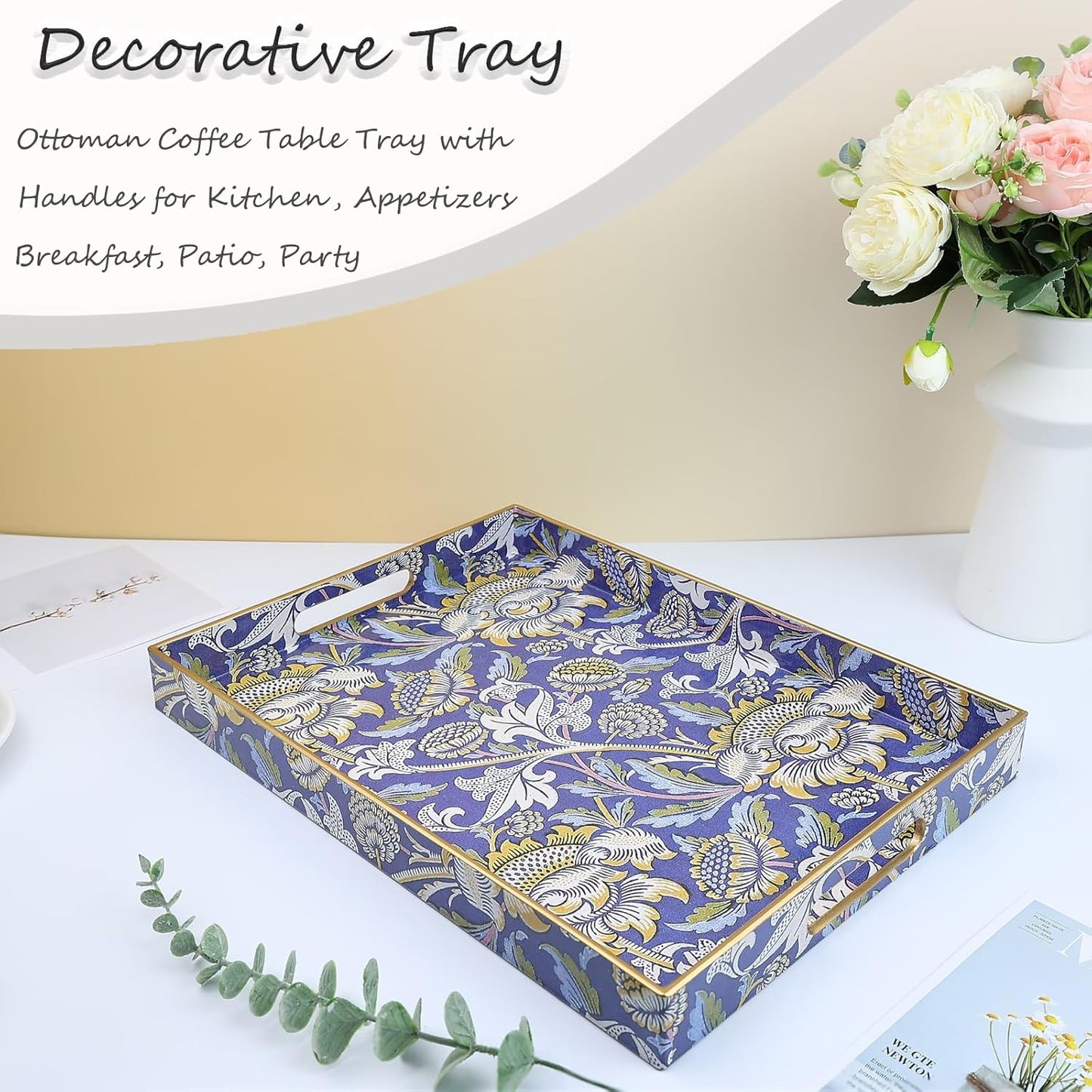 Rectangle Plastic Serving Tray with Handles, Elegant Decorative Tray for Coffee Table, Ottoman, Living Room, Kitchen, and Outdoor Use. 12"*16"*1.6", Wey