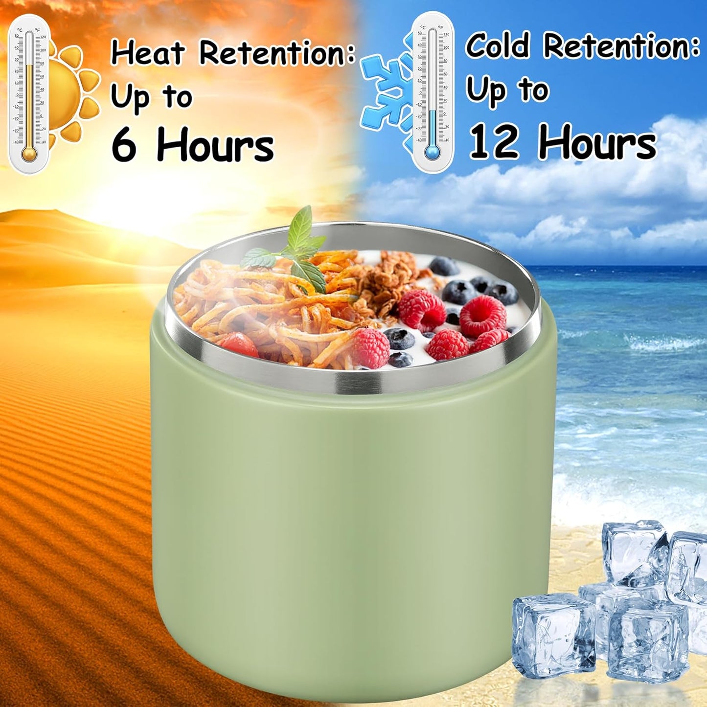 19oz Insulated Vacuum Food Jar with Buckle Lid Wide Mouth Soup Thermo for Hot Food Kids Leakproof Stainless Steel Lunch Container- Green-1Pack