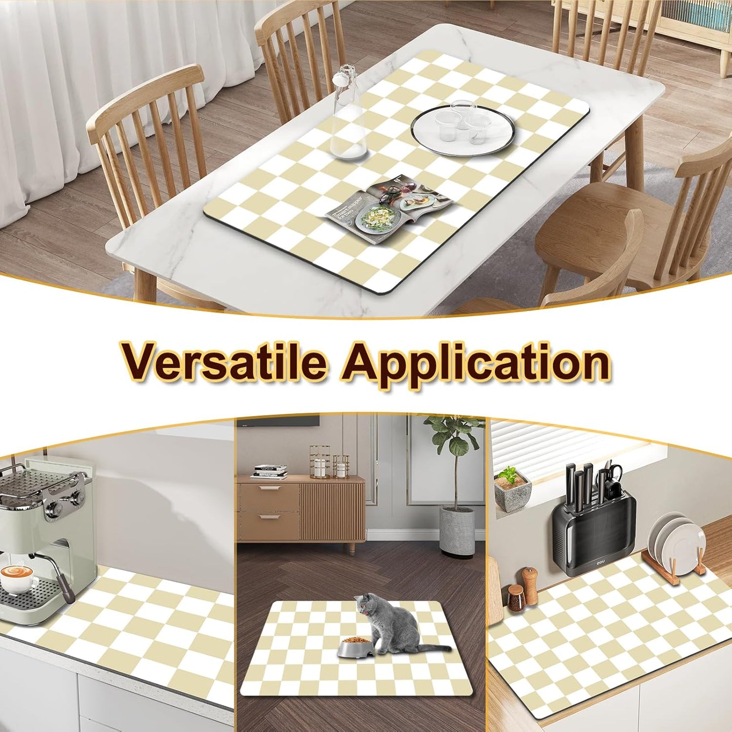 Dish Drying Mat for Kitchen Counter, 16.5’’ X 27.6’’ Checkered Large Coffee Station Mat, Super Absorbent Fit Under Coffee Maker Pad, Espresso Machine Mats, Drainer Mat Easy Clean, Beige & White