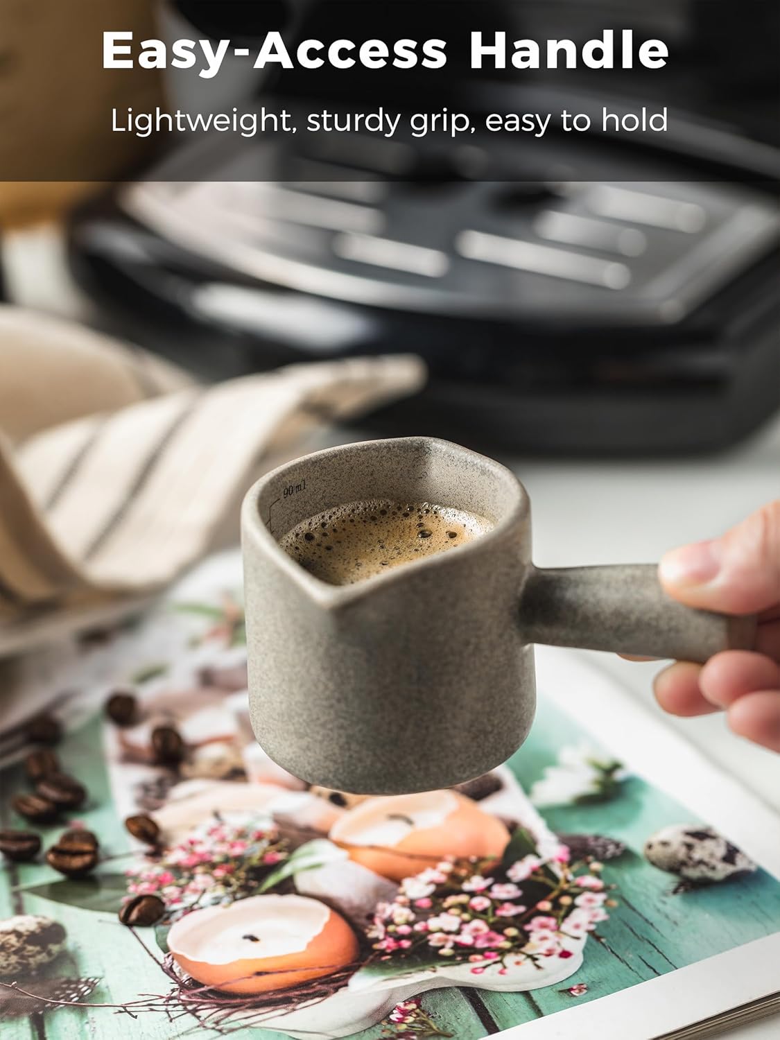 Measuring Cups Ceramic, Double Spouts Espresso Cup with Handle, Coffee Measuring Cups, Espresso Shot Milk Cup Pitcher 90 Ml, Gray