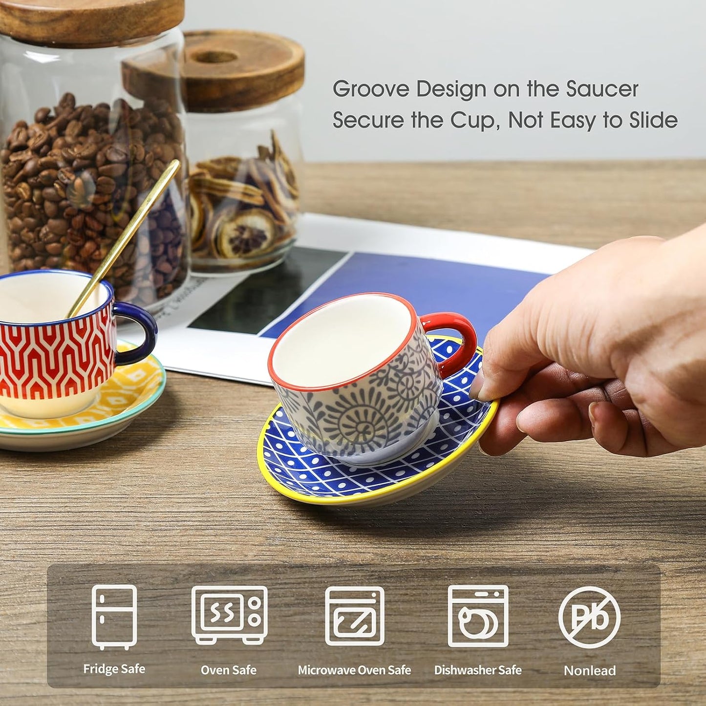 Selamica Ceramic Cappuccino Cups with Saucers and Metal Stand, 8 OZ Stackable Espresso Coffee Cups for Coffee, Latte, Americano, Tea, Set of 4, Assorted Colors