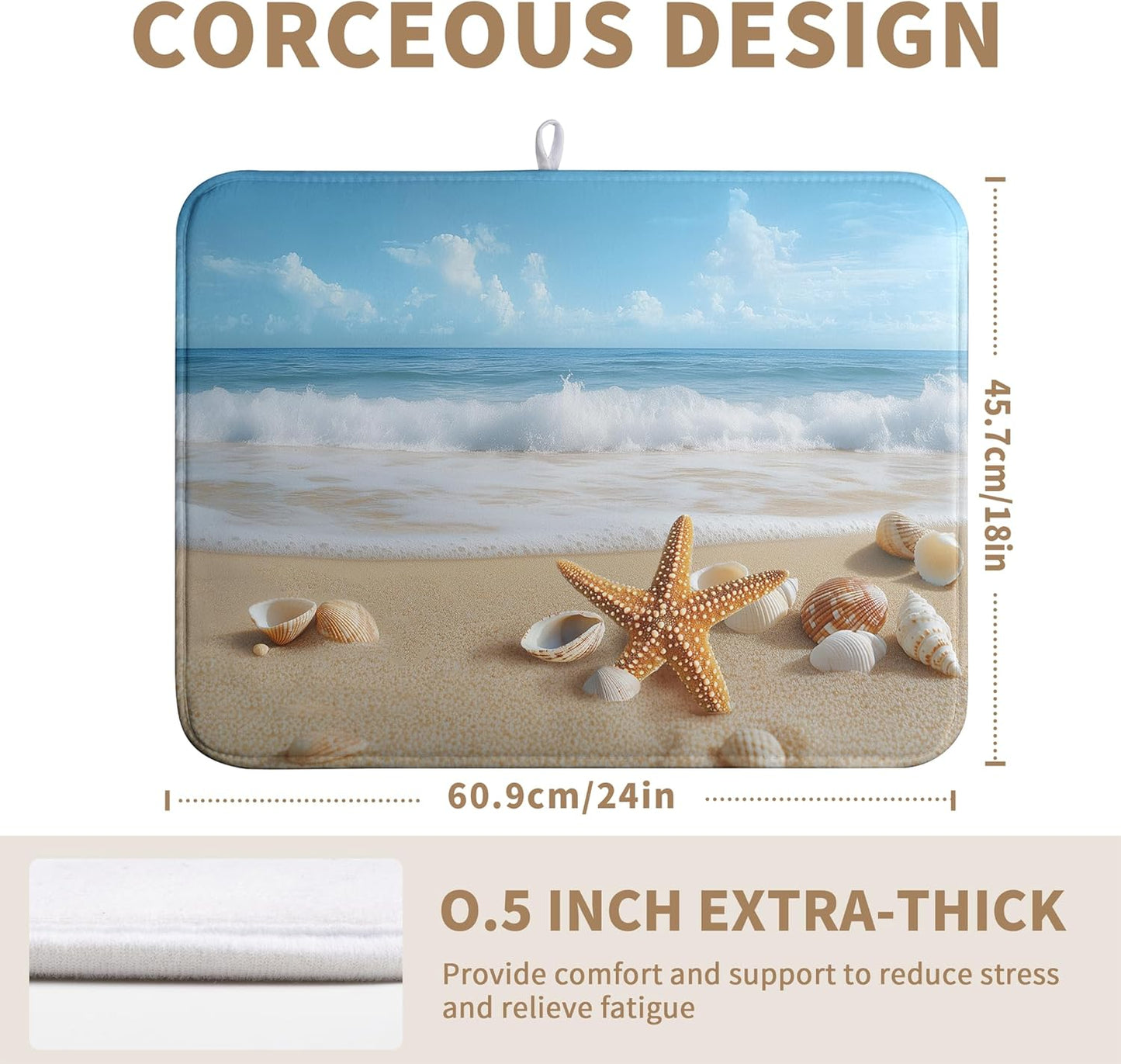 Summer Ocean Beach Blue Dish Drying Mat Sea Shell Starfish Large Kitchen Mat Dish Drying Pad Absorbent Dish Dryer Mat for Kitchen Countertops Microfiber Drainer Pad Dish Drying Rack Mat (18x24 in)