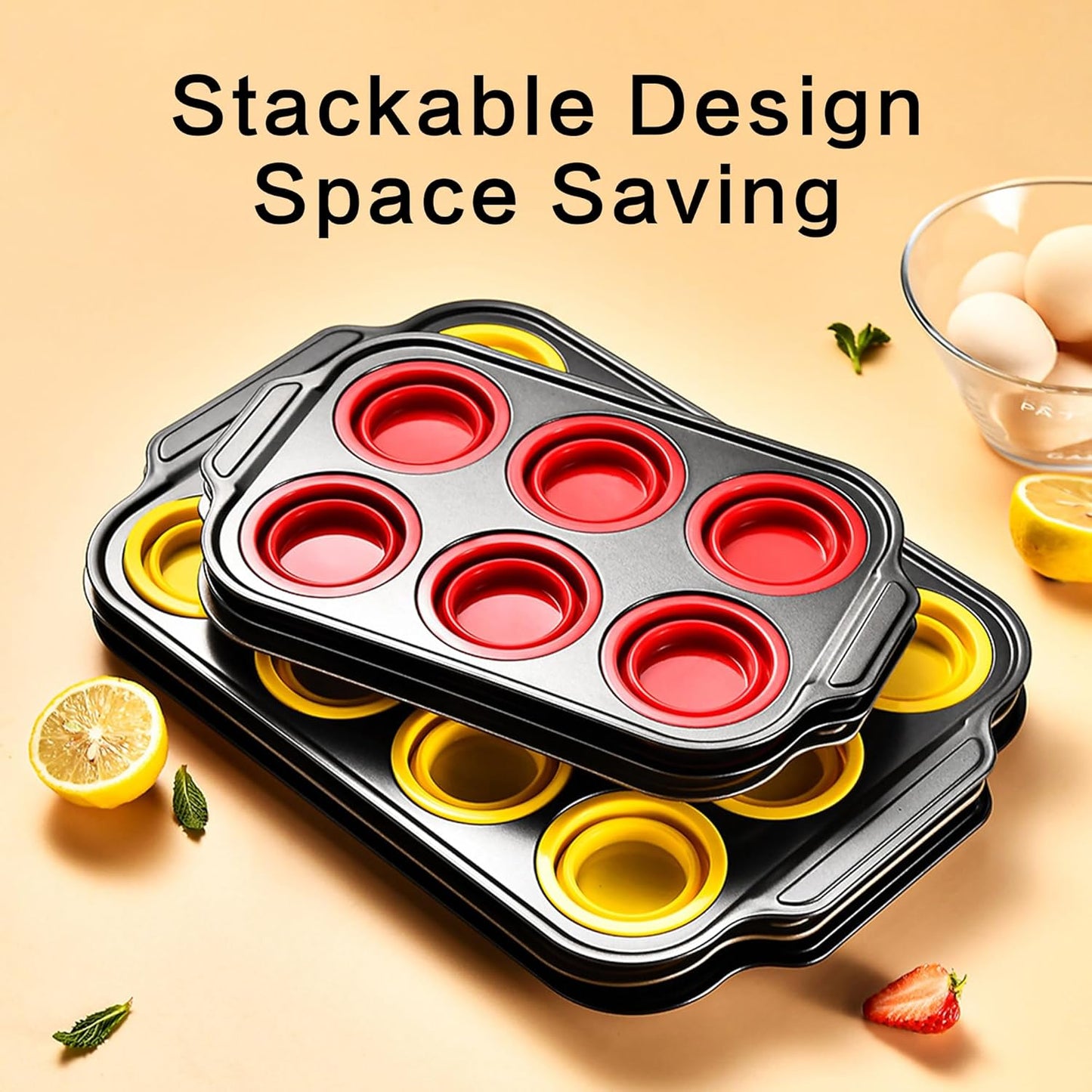 Silicone Muffin Pan Molds, 6 Cups Muffin Pans with Metal Frame, Muffin Pans for Baking, Non Stick Baking Tray for Ovens, Bakeware with Press to Release Design, Cake Pop Mold, Silicone Egg Molds, Red