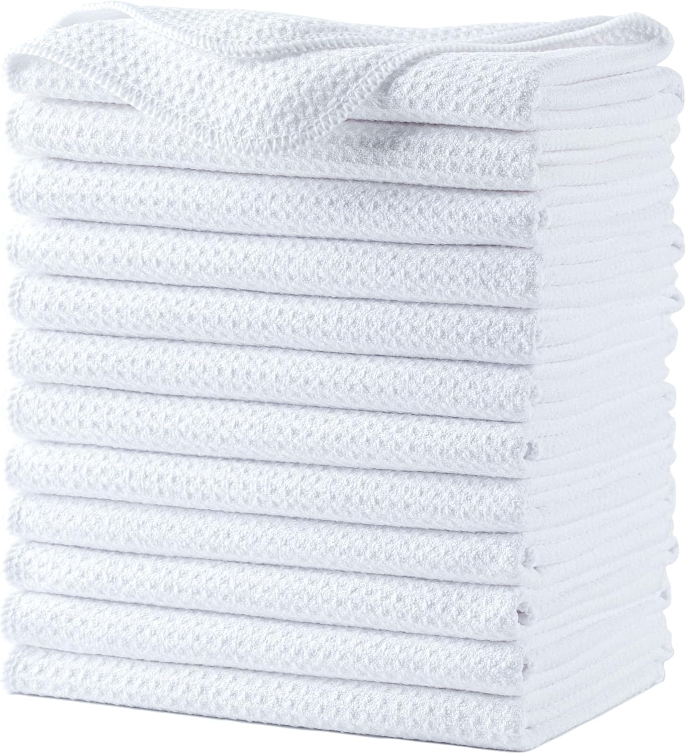 POLYTE Premium Microfiber Kitchen Dish Hand Towel Waffle Weave 12 Pack (16x28 in, White)