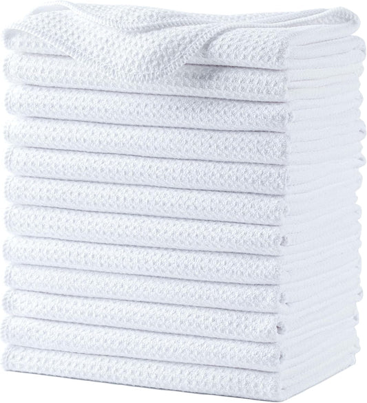 POLYTE Premium Microfiber Kitchen Dish Hand Towel Waffle Weave 12 Pack (16x28 in, White)