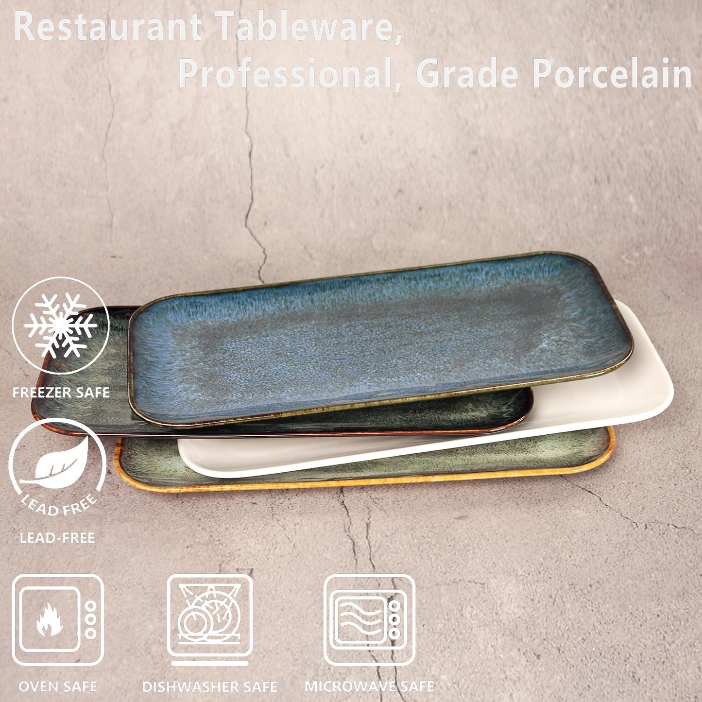 Porcelain Dinner Plates, Serving platters for entertaining, for Fruit, cheese, snack, Bread, cupcake, Salad - Scratch Resistant durable, Microwave, Dishwasher Safe, four colors 4 PCS