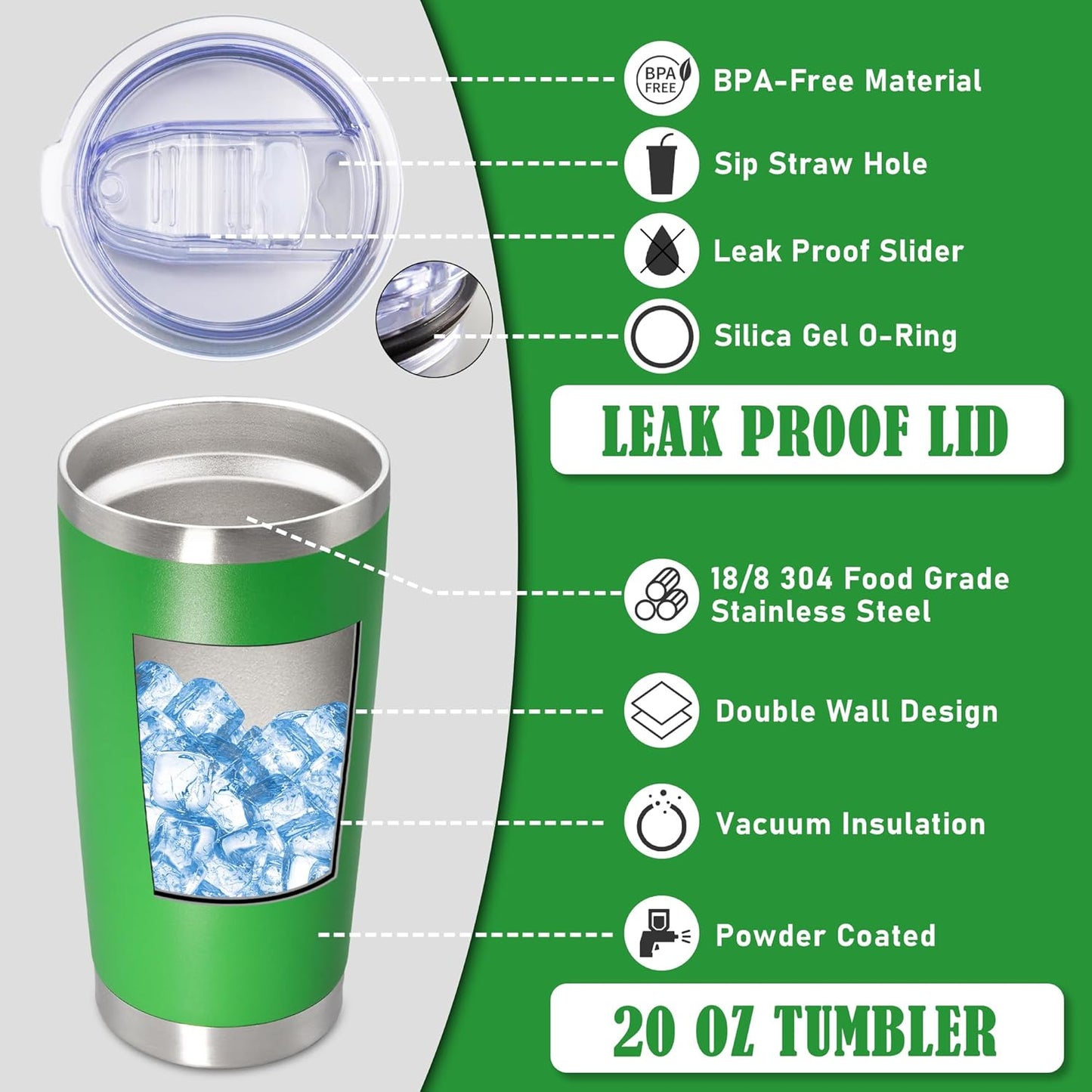 20 oz Tumbler Coffee Tavel Tumblers Bulk with Lid Stainless Steel Double Wall Vacuum Insulated Mug Powder Coated Cups fit Car Cupholder for Hot and Cold - Green, 12Pack