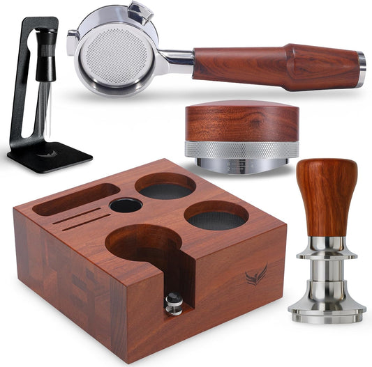 54mm Breville Espresso Tamper Kit – Bottomless Portafilter, Spring-Loaded Tamper, Coffee Distributor, WDT Tool & Wooden Organizer | Complete Espresso Accessories Set