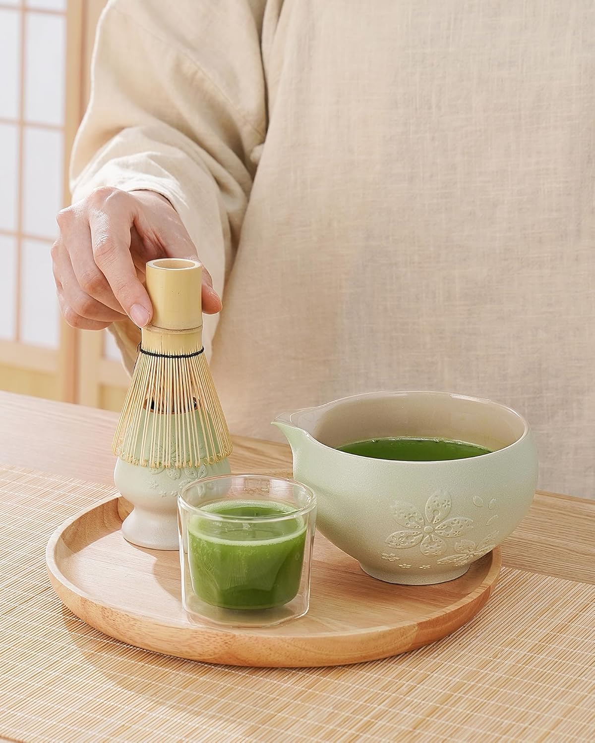 ZENS Matcha Whisk Set, Ceramic Matcha Tea Set with 15oz Sakura Bowl and Bamboo Whisk & Scoop, (Chasen Holder), Stainless Sifter-Tea Towel, 6pcs Matcha Kit for Matcha Lovers, Green