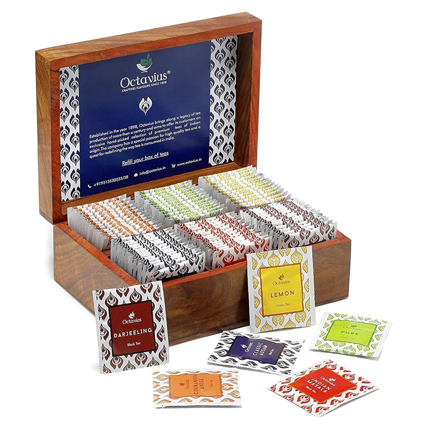 Octavius Gift's Select - Assorted Tea in Wooden Box | 6 Flavors, 90 Tea Bags | Black & Green | Gifts for Women & Men | Variety Pack