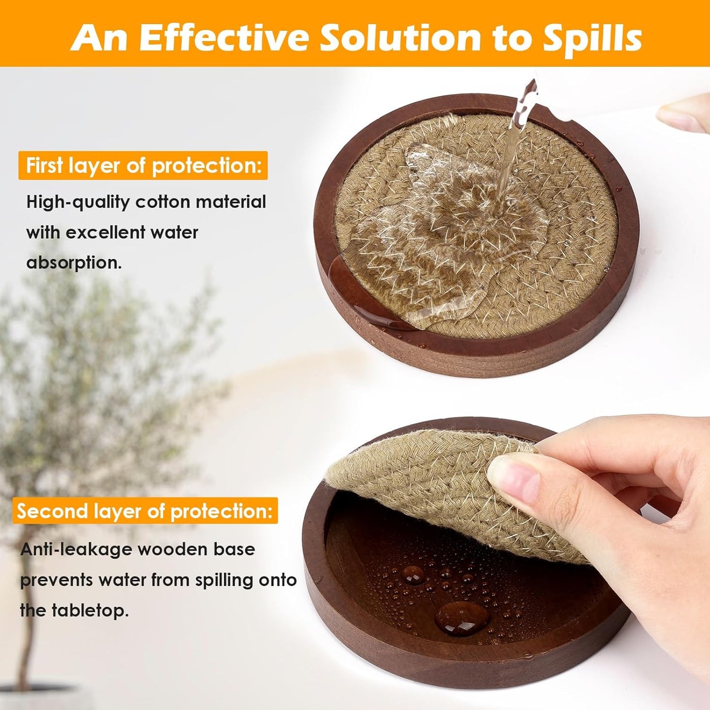 Mckanti 6 Pack Wood Coasters for Drinks with Cotton Coasters Insert, Wooden Coasters with Holder for Coffee Table Decor, Absorbent Coasters for Kinds of Cups, 4.3 Inches