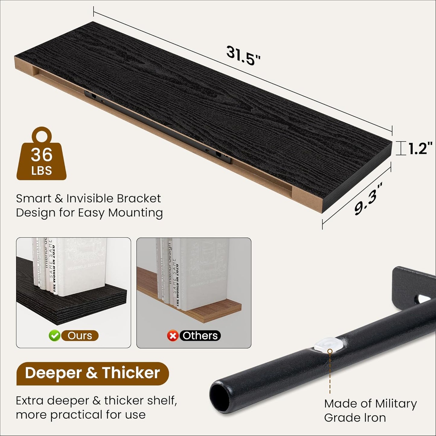 Fun Memories Floating Shelves for Wall, 32 Inch Rustic Wood Wall Mounted Shelves for Bathroom, Bedroom, Kitchen, Living Room, Deep Floating Shelves for Storage & Home Decor (Black, Set of 2)