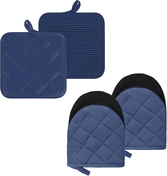 Oven Mitts and Pot Holders Set, Pack of 4, Heat Resistant Silicone Kitchen Mini Oven Mittens for 500 Degrees, Mini Oven Gloves and Hot Pads for Baking Grilling Barbecue Microwave Machine Washable