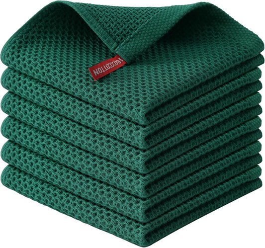 Kitinjoy 100% Cotton Kitchen Dish Cloths, 6 Pack Waffle Weave Ultra Soft Absorbent Dish Towels for Drying Dishes Quick Drying Kitchen Towels Dish Rags, 12 X 12 Inches, Dark Green