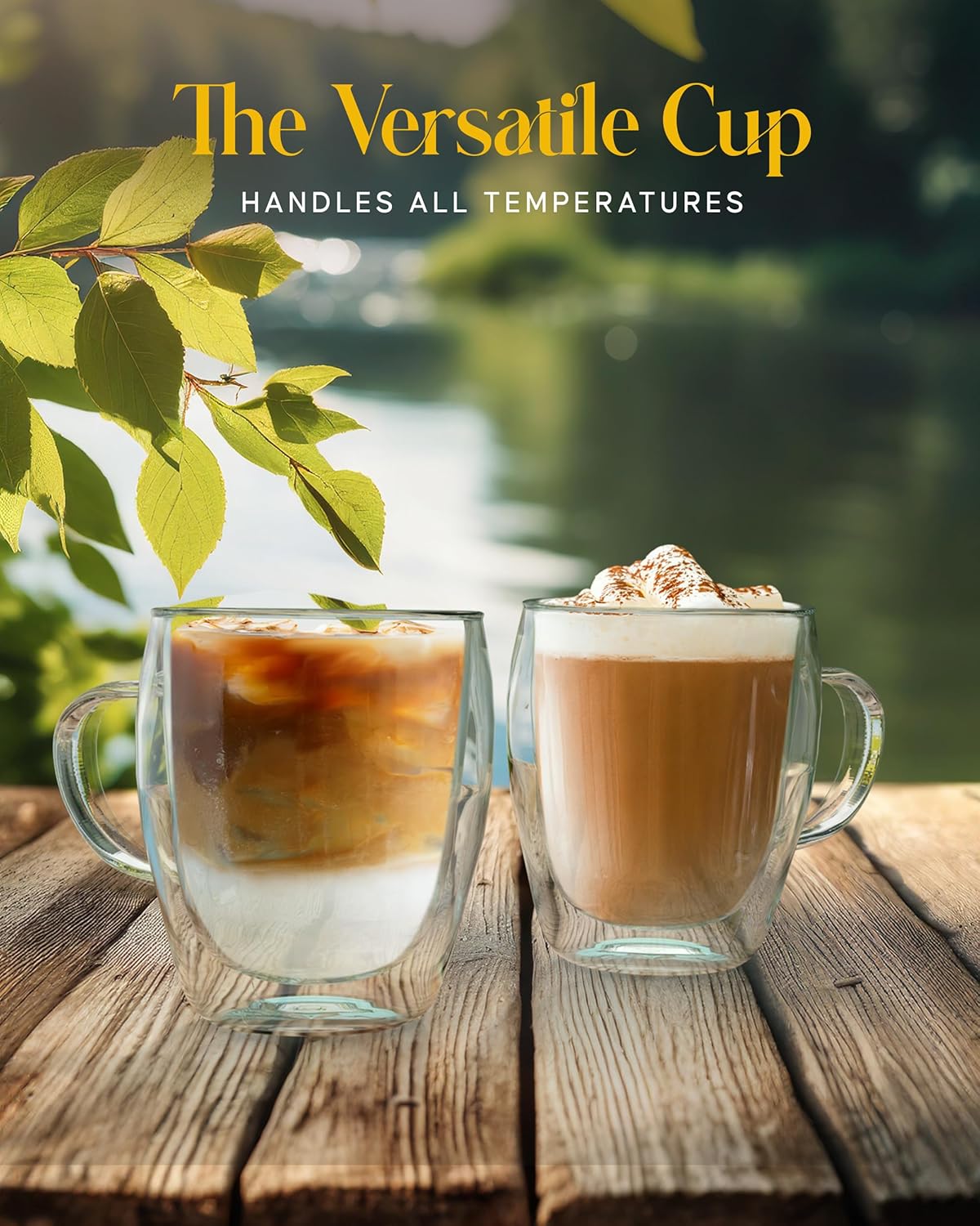 Kitchables Double Walled Glass Coffee Mugs Set of 2, 12oz - Insulated Glass Coffee Mugs for Cappuccino, Latte, Tea, Espresso - Latte Cup - Tazas Para Cafe