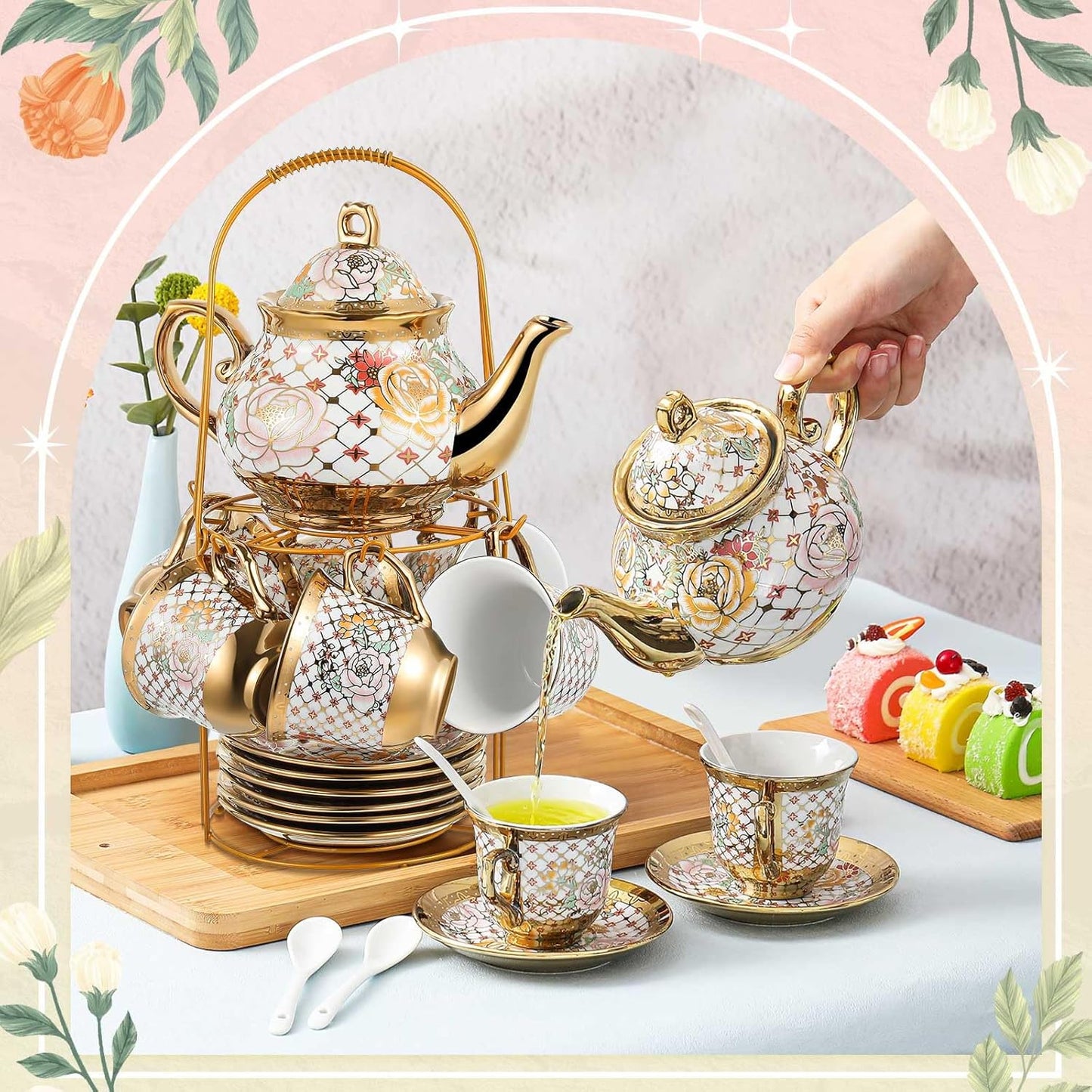 Zhehao 20 Pcs Porcelain Tea Set with Metal Holder and Spoon Adult Ceramic Tea Party Set European Flower Painting Teapot Cup Saucer Spoon Set for Women, Large Version(Delicate Style)