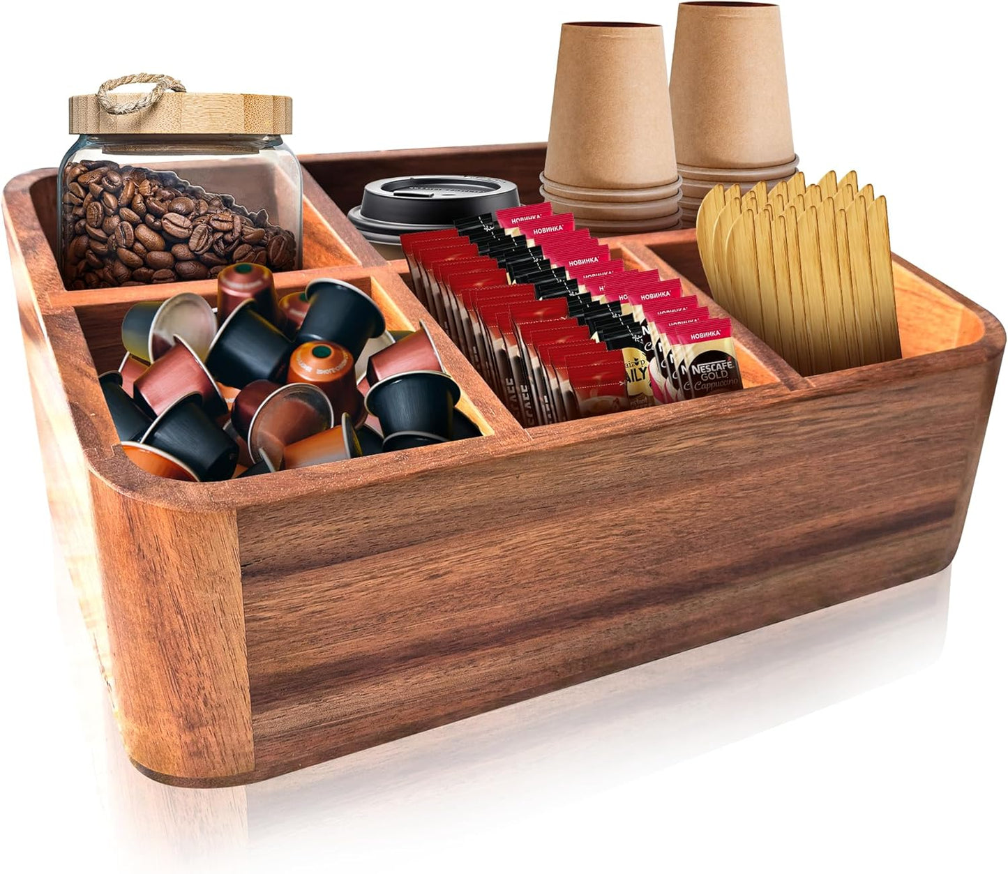 Dstuff Acacia Wood Coffee Station Organizer for Countertop, Tea Organizer and Holder, Coffee Bar Caddy with Multiple Compartments for Home and Office Decor