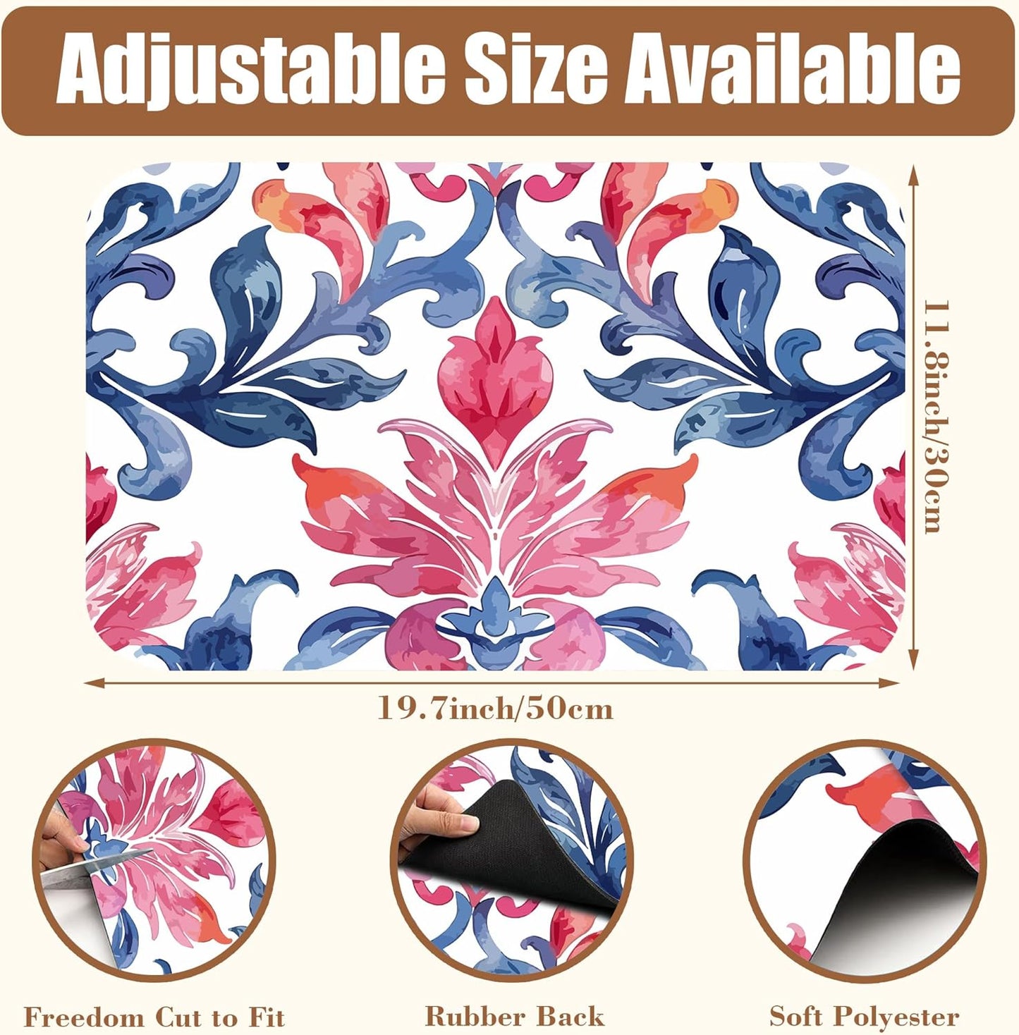 Blue and Pink Damask Coffee Mat Absorbent Dish Drying Mat for Kitchen Counter Hide Stain Coffee Bar Accessories with Rubber Backed Fit Under Espresso Machine, 11.8 x 19.7 Inch