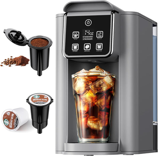 Hot & Iced Coffee Maker with Bold Setting, Single Serve Coffee Maker for K Cup and Grounds, 6-14 Oz Brew Sizes, 50 Oz Removable Water Tank, One Cup Coffee Machine with Reusable Filter, Grey